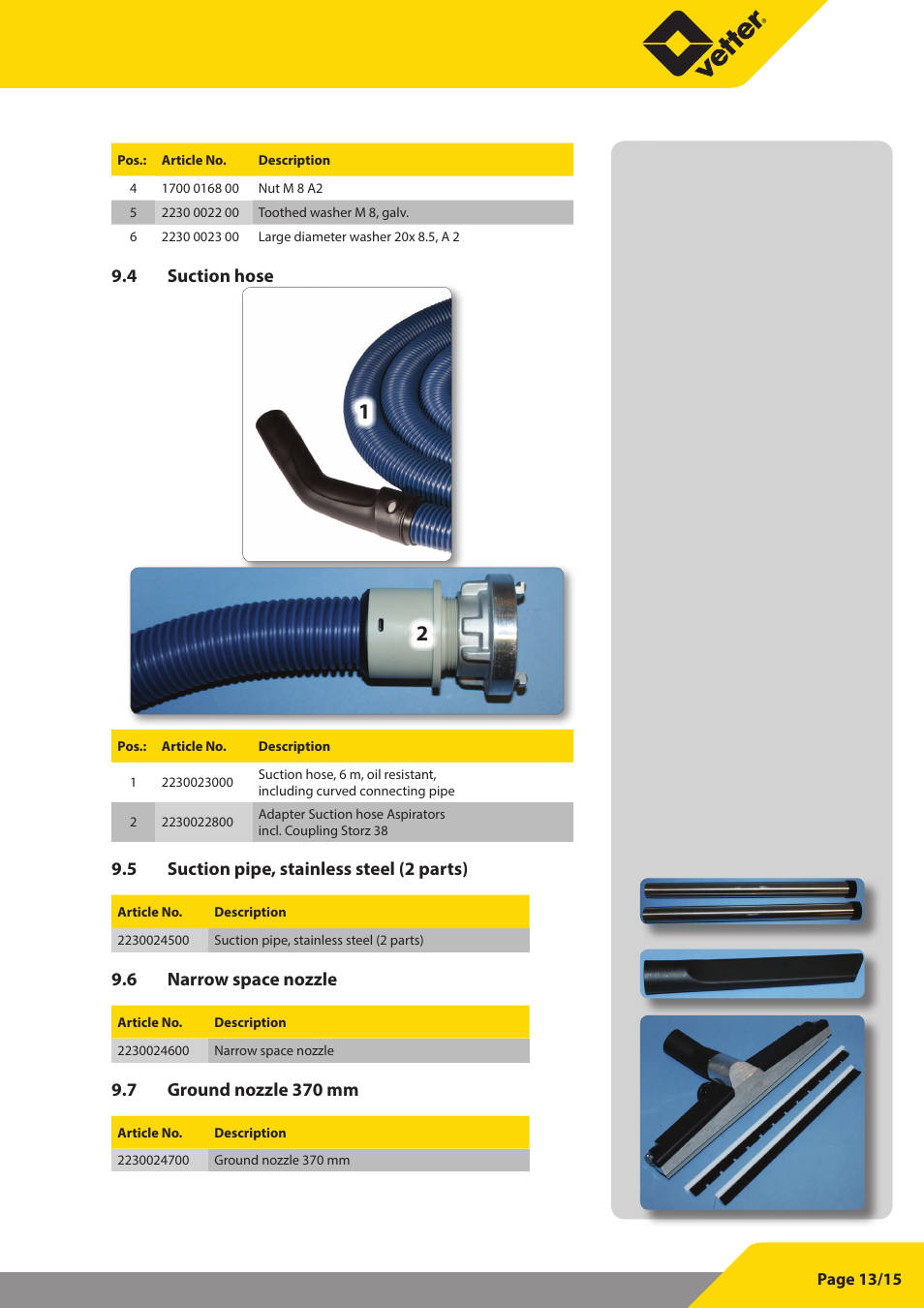 4 suction hose, 5 suction pipe, stainless steel (2 parts), 6 narrow space nozzle | 7 ground nozzle 370 mm | Vetter Oil water debris aspirator User Manual | Page 13 / 30