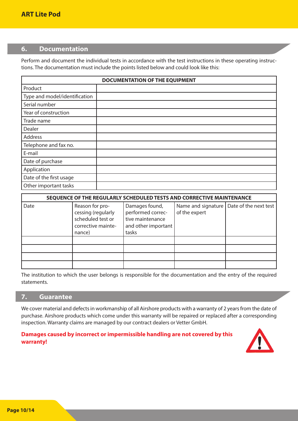 Art lite pod 6. documentation, Guarantee | Vetter Litepod ART-LP User Manual | Page 10 / 29