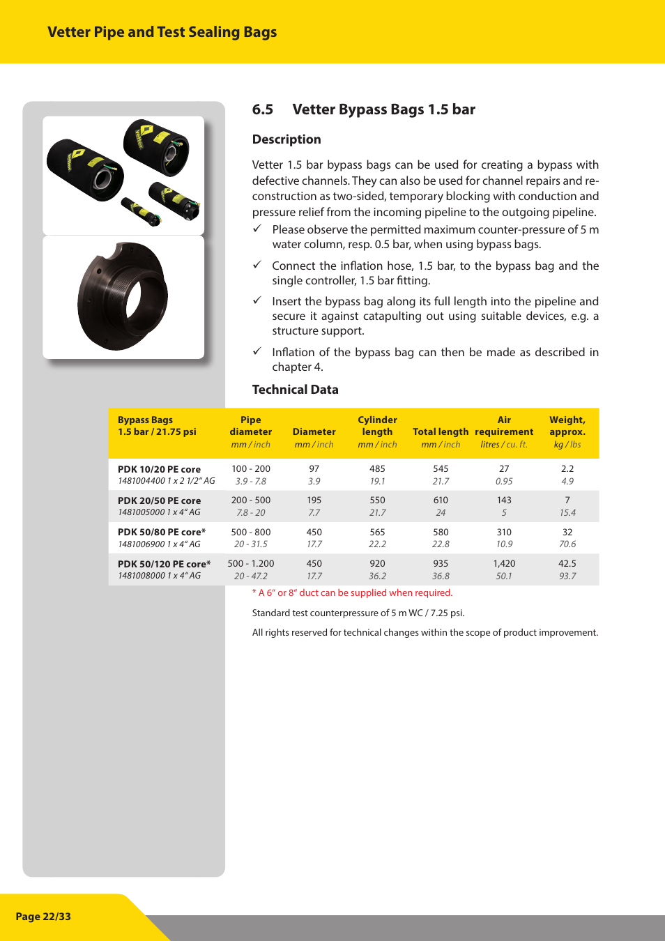 Vetter pipe and test sealing bags, 5 vetter bypass bags 1.5 bar, Description | Technical data | Vetter Pipe and Test Sealing Bags User Manual | Page 22 / 33