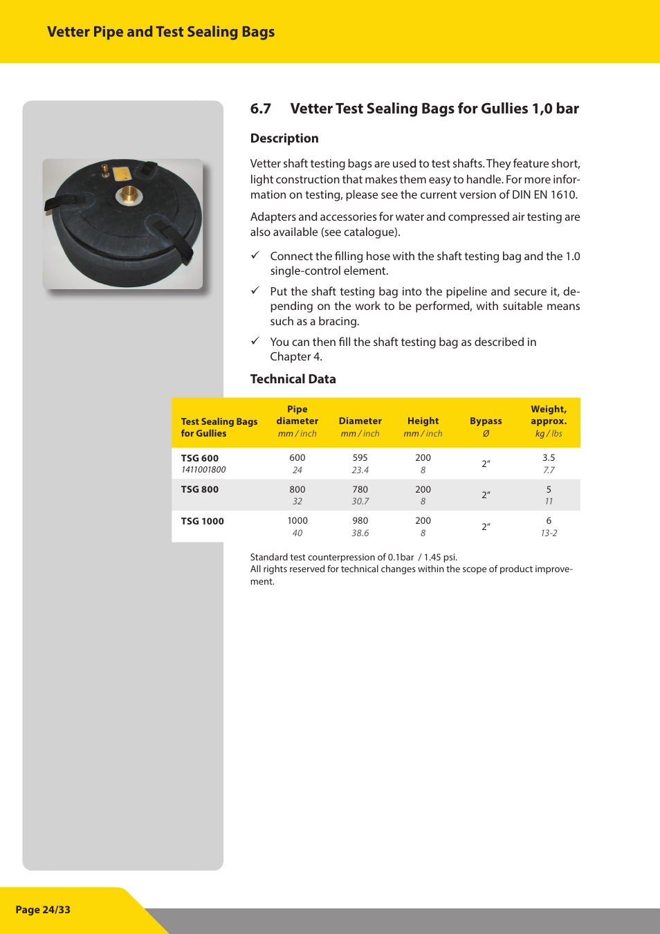 Vetter pipe and test sealing bags, 7 vetter test sealing bags for gullies 1,0 bar, Description | Technical data | Vetter Pipe and Test Sealing Bags User Manual | Page 24 / 33
