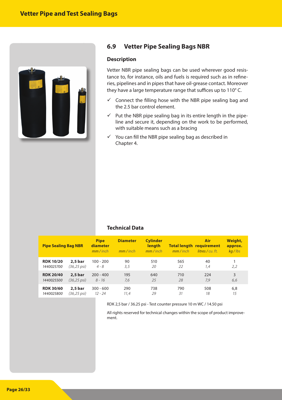 Vetter pipe and test sealing bags, 9 vetter pipe sealing bags nbr, Description | Technical data | Vetter Pipe and Test Sealing Bags User Manual | Page 26 / 33