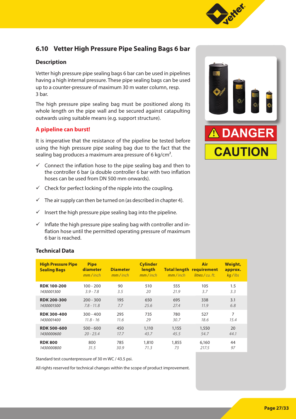 10 vetter high pressure pipe sealing bags 6 bar, Description, A pipeline can burst | Technical data | Vetter Pipe and Test Sealing Bags User Manual | Page 27 / 33
