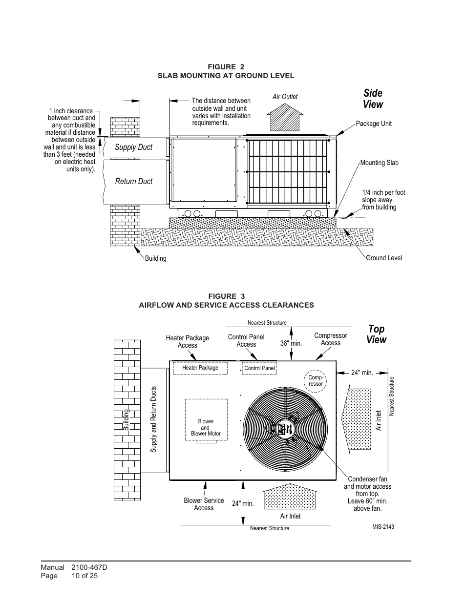 Side view top view | Bard Single Package air Conditioners PA13241-A User Manual | Page 10 / 25