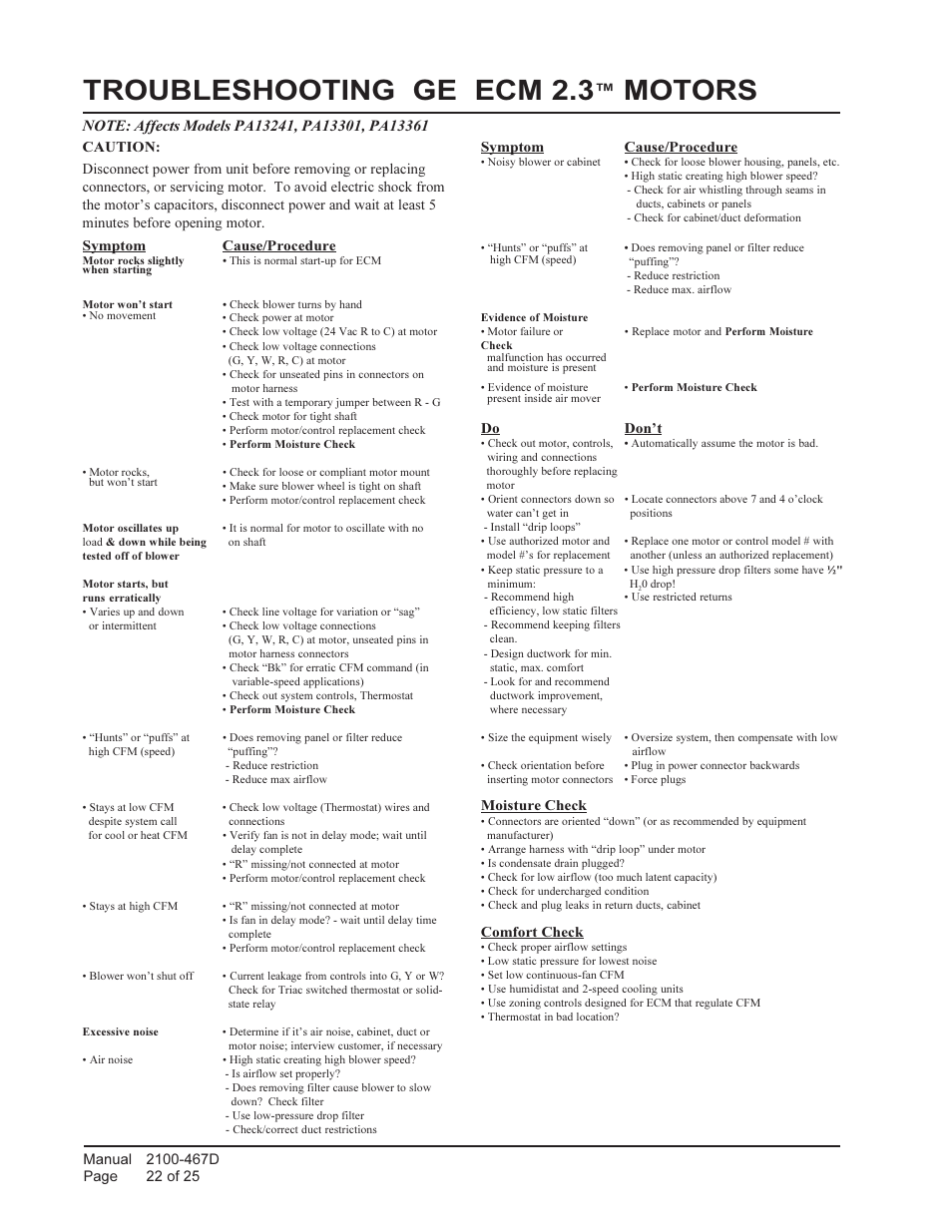 Troubleshooting ge ecm 2.3, Motors | Bard Single Package air Conditioners PA13241-A User Manual | Page 22 / 25