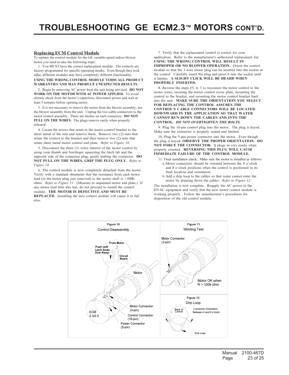 Troubleshooting ge ecm2.3, Motors, Cont’d | Bard Single Package air Conditioners PA13241-A User Manual | Page 23 / 25