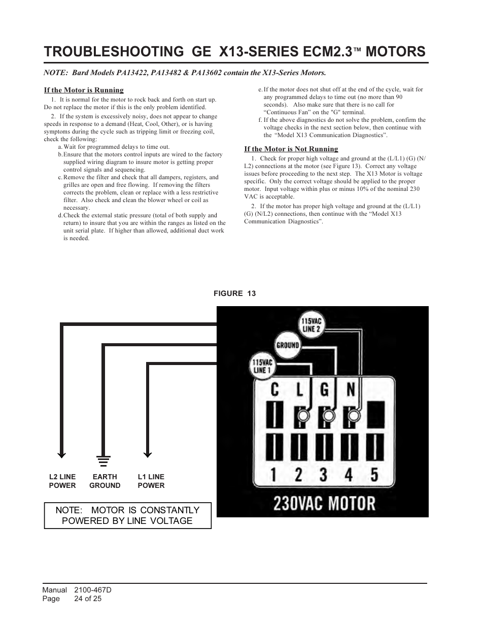 Troubleshooting ge x13-series ecm2.3, Motors | Bard Single Package air Conditioners PA13241-A User Manual | Page 24 / 25
