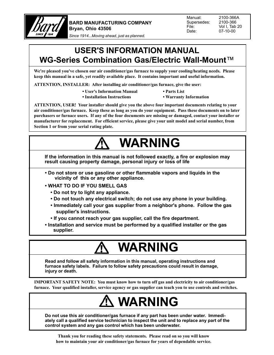 Bard WG-Series User Manual | 15 pages