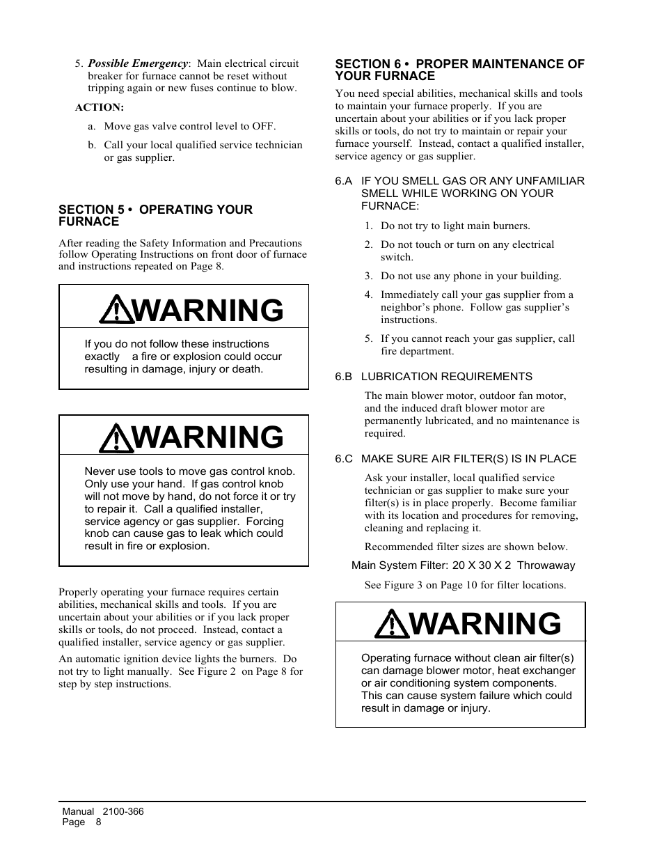 Warning | Bard WG-Series User Manual | Page 10 / 15