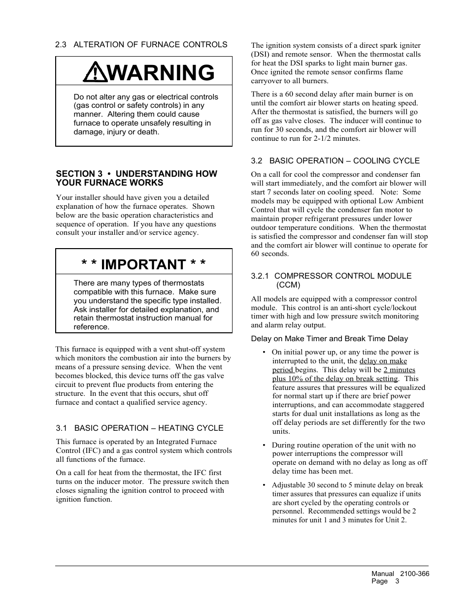 Warning, Important | Bard WG-Series User Manual | Page 5 / 15