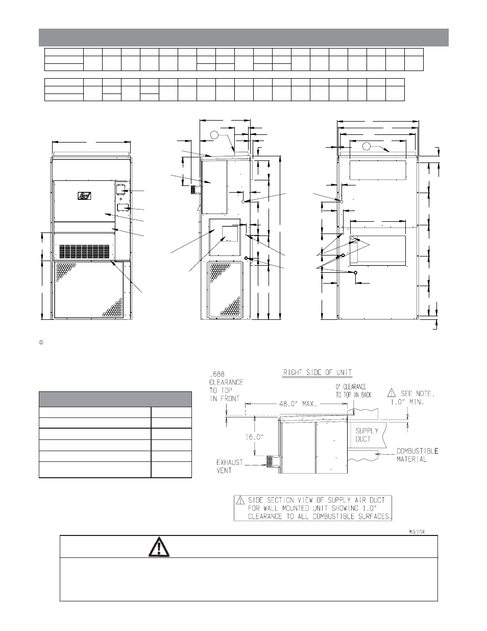 Warning, Dimensions of basic unit | Bard Wall-Mount wall series WG5S1 User Manual | Page 11 / 12