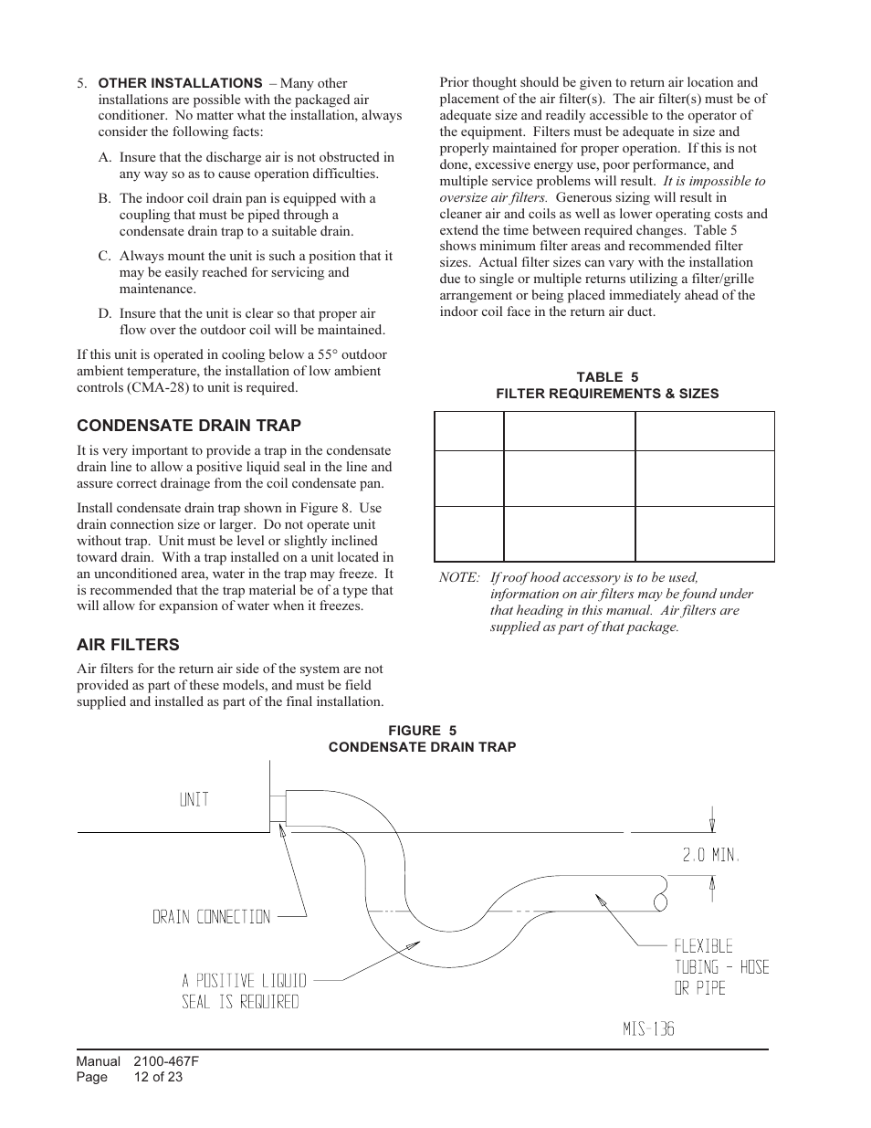 Condensate drain trap, Air filters | Bard Single Package Air Conditioners PA13482-A User Manual | Page 12 / 23