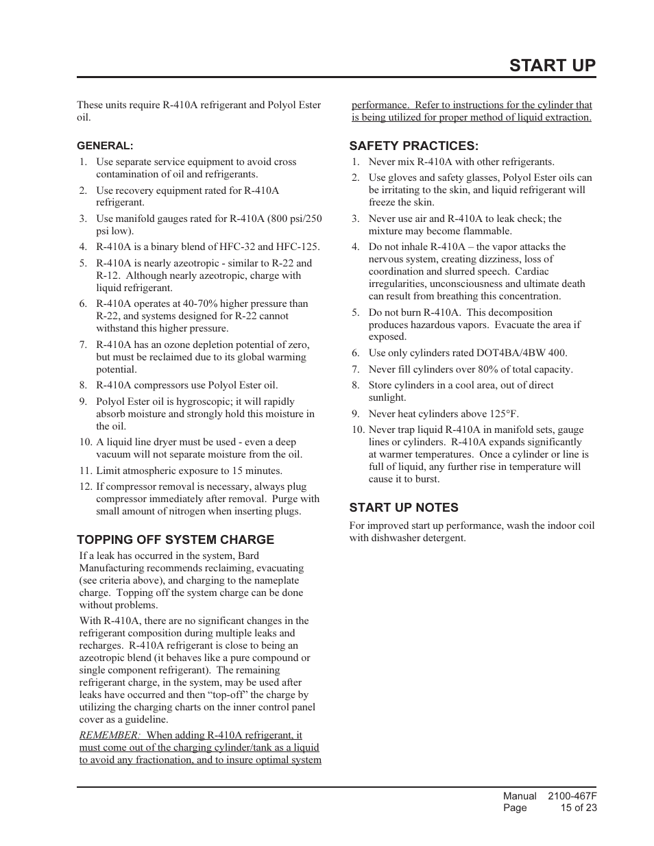 Start up | Bard Single Package Air Conditioners PA13482-A User Manual | Page 15 / 23