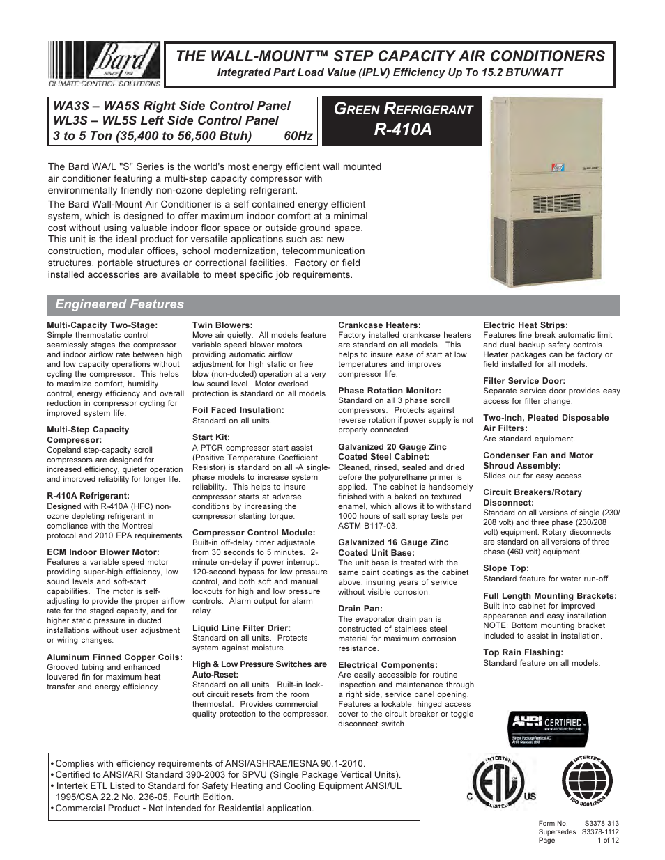 Bard Wall Mount AIr Conditioners WA5S User Manual | 12 pages