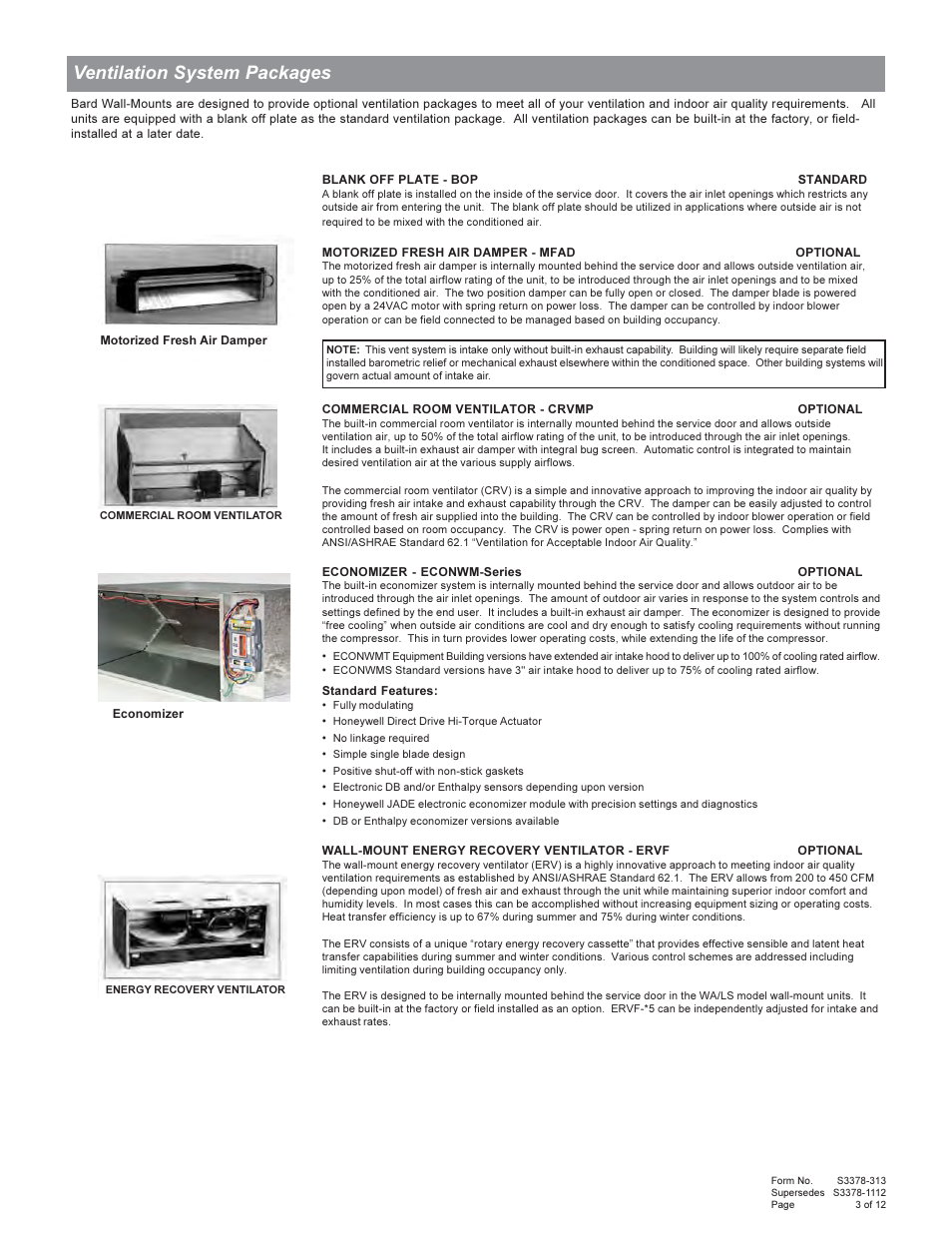 Ventilation system packages | Bard Wall Mount AIr Conditioners WA5S User Manual | Page 3 / 12