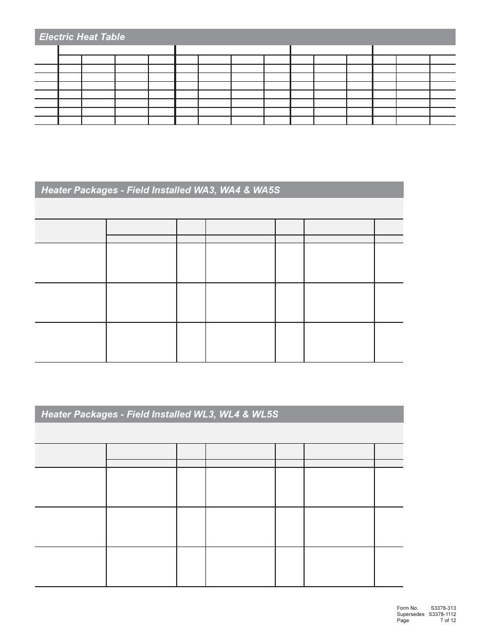 Electric heat table | Bard Wall Mount AIr Conditioners WA5S User Manual | Page 7 / 12