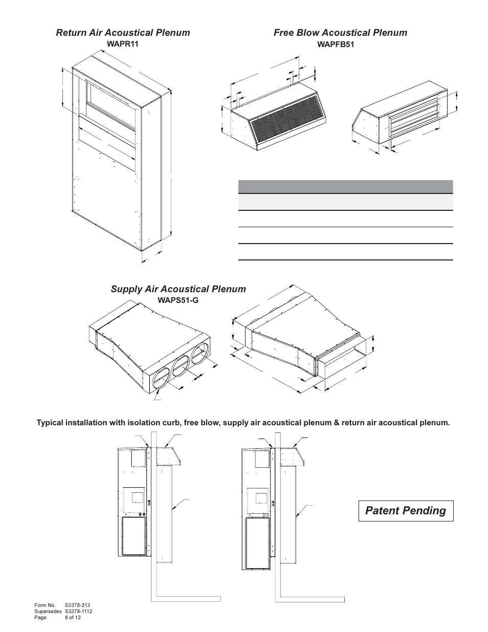 Patent pending, Return air acoustical plenum, Supply air acoustical plenum | Free blow acoustical plenum | Bard Wall Mount AIr Conditioners WA5S User Manual | Page 8 / 12