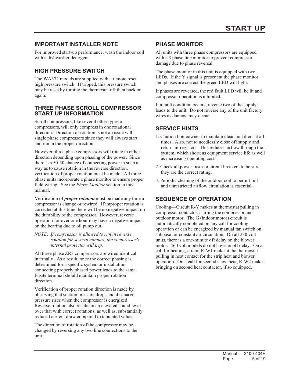 Start up | Bard 2100-404E User Manual | Page 15 / 19