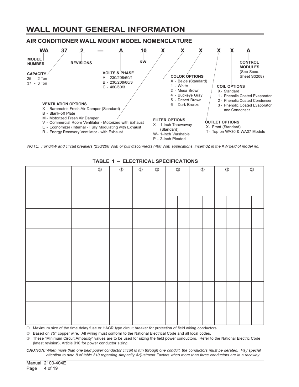 Wall mount general information, Air conditioner wall mount model nomenclature | Bard 2100-404E User Manual | Page 4 / 19