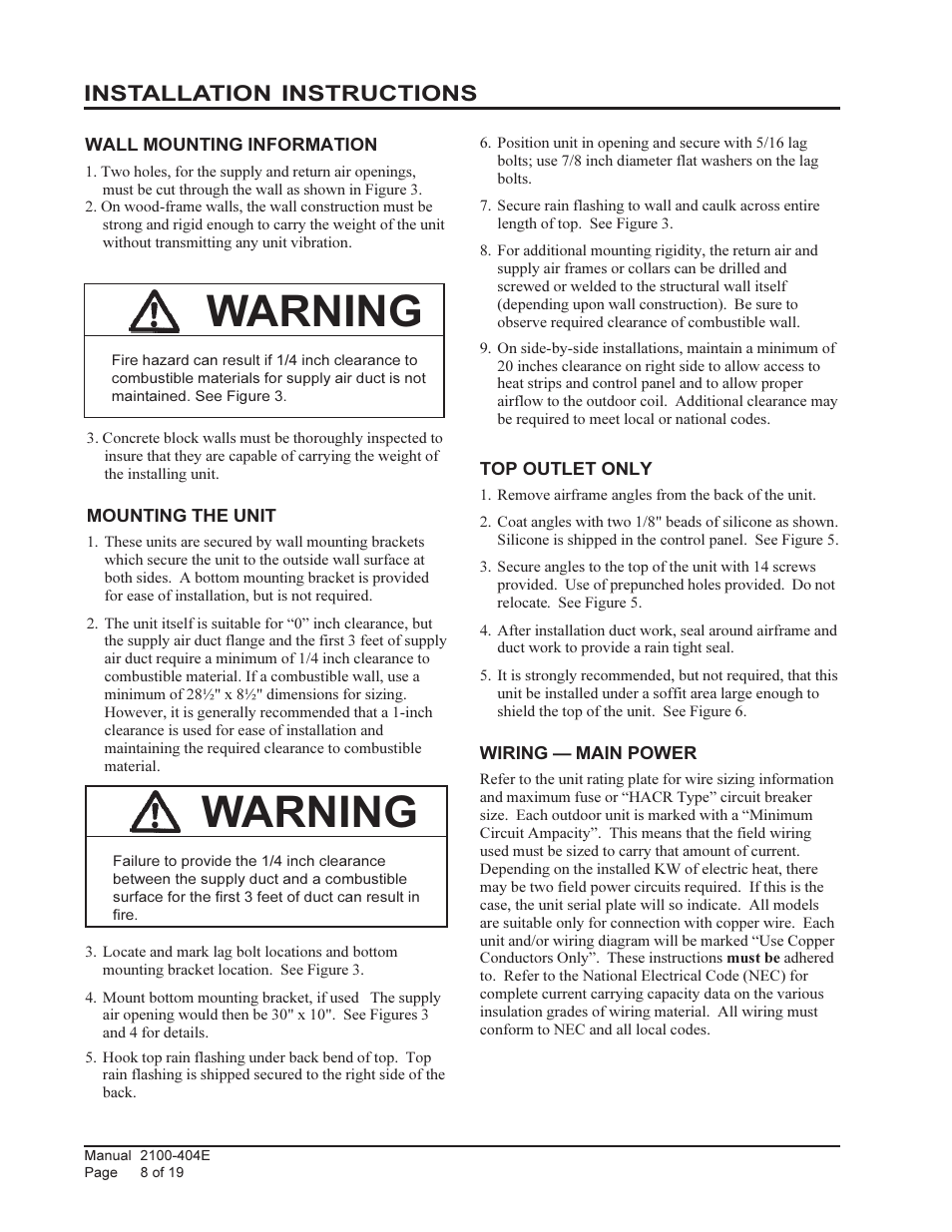 Warning, Installation instructions | Bard 2100-404E User Manual | Page 8 / 19