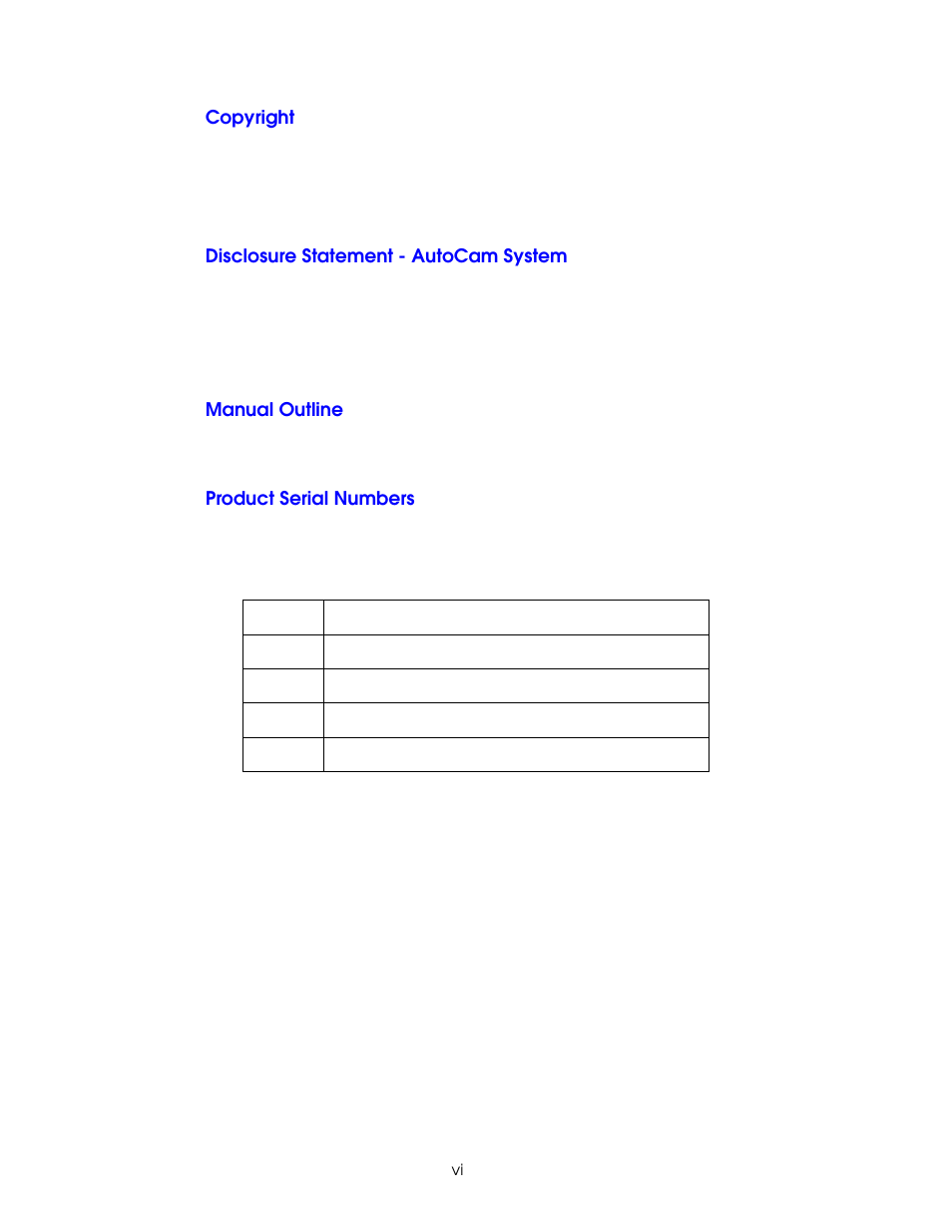 Copyright, Disclosure statement - autocam system, Manual outline | Product serial numbers | Vinten Radamec AutoCam Multicontroller II User Manual | Page 6 / 62