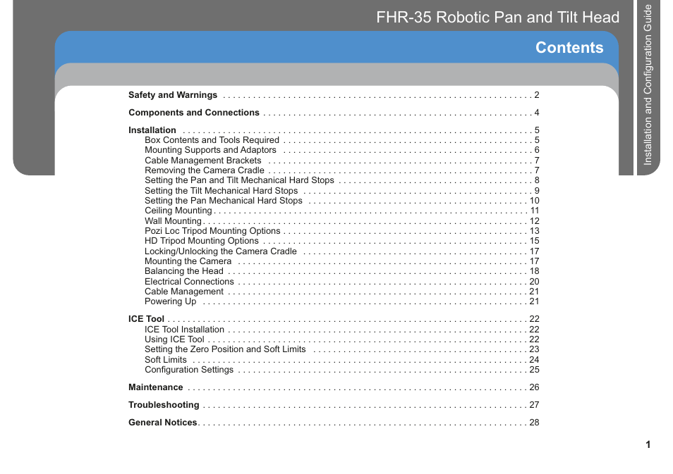 Fhr-35 robotic pan and tilt head contents | Vinten Radamec FHR-35 User Manual | Page 3 / 36