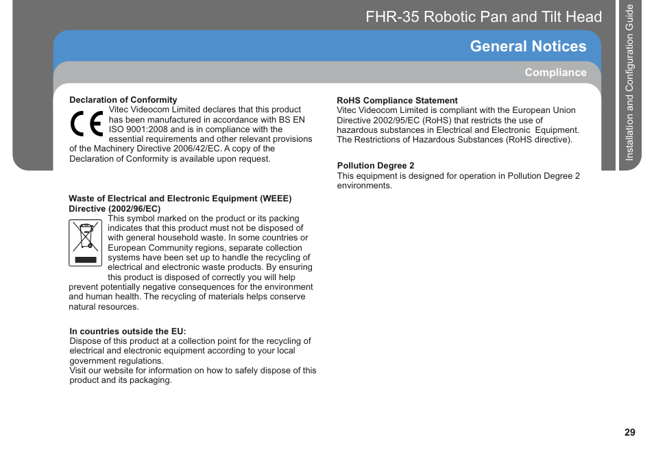 Fhr-35 pan and tilt head robotic general notices | Vinten Radamec FHR-35 User Manual | Page 31 / 36