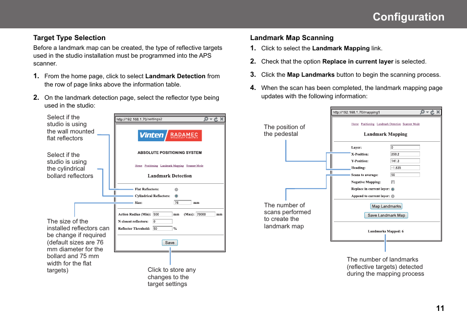 Landmark map scanning, Configuration | Vinten Radamec Fusion APS User Manual | Page 13 / 28