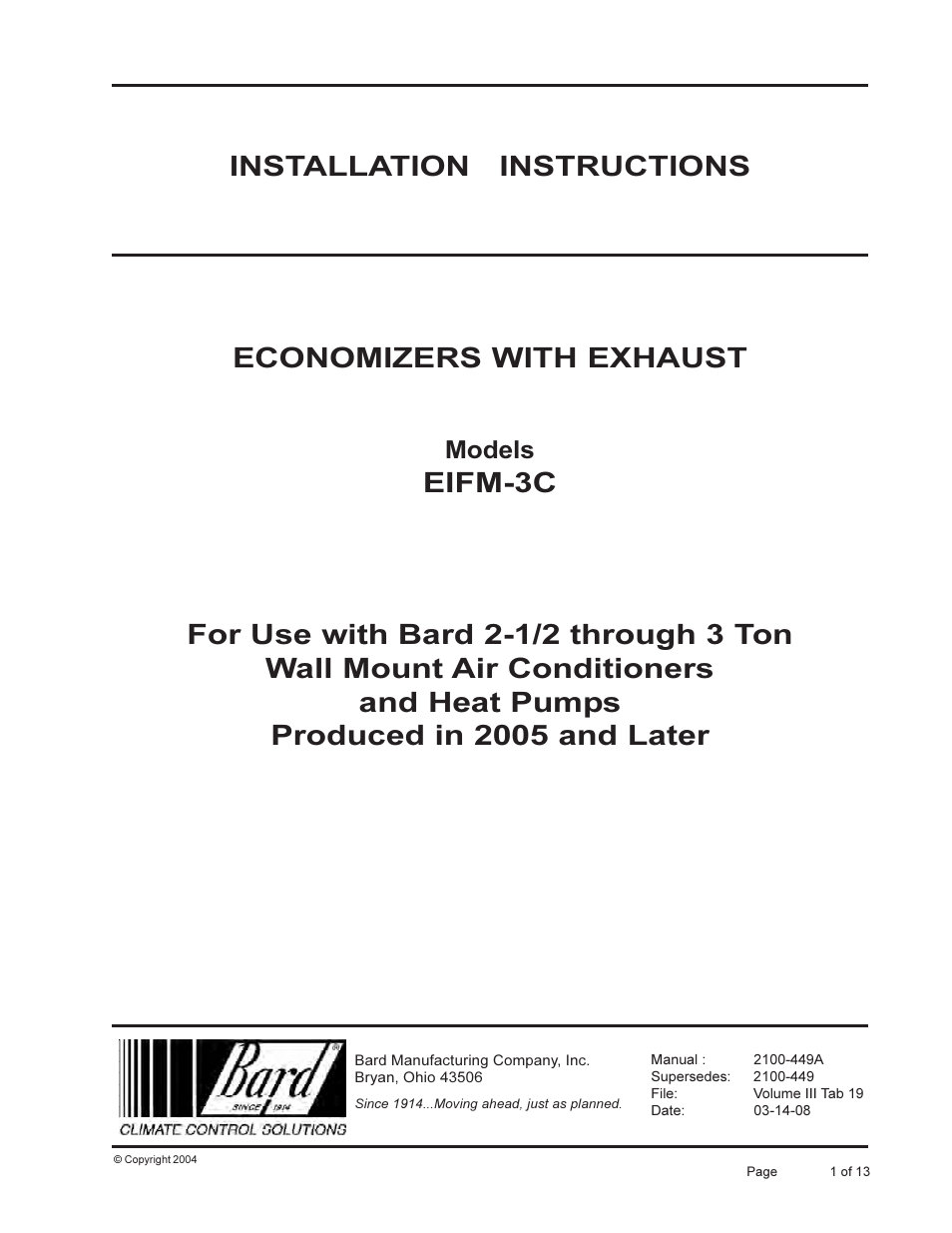 Bard Wall Mount Air Conditioners EIFM-3C User Manual | 13 pages