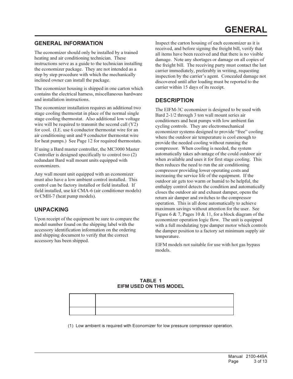 General | Bard Wall Mount Air Conditioners EIFM-3C User Manual | Page 3 / 13