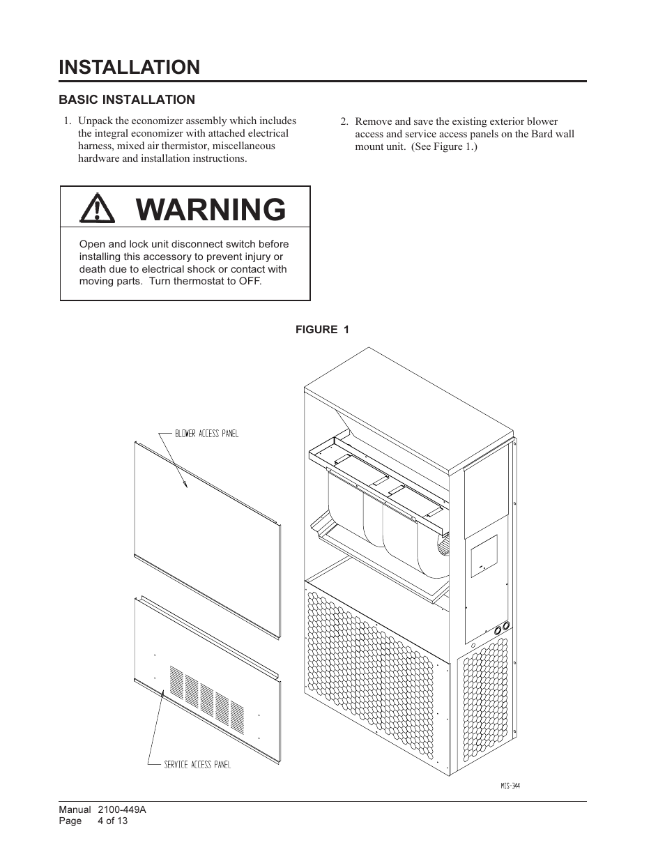 Warning, Installation | Bard Wall Mount Air Conditioners EIFM-3C User Manual | Page 4 / 13