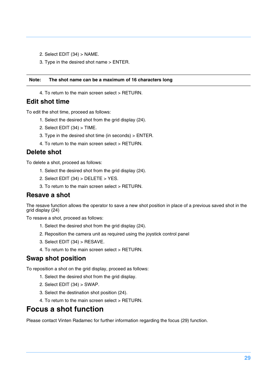 Focus a shot function, Edit shot time, Delete shot | Resave a shot, Swap shot position | Vinten Radamec Fusion FCS-16 User Manual | Page 31 / 40