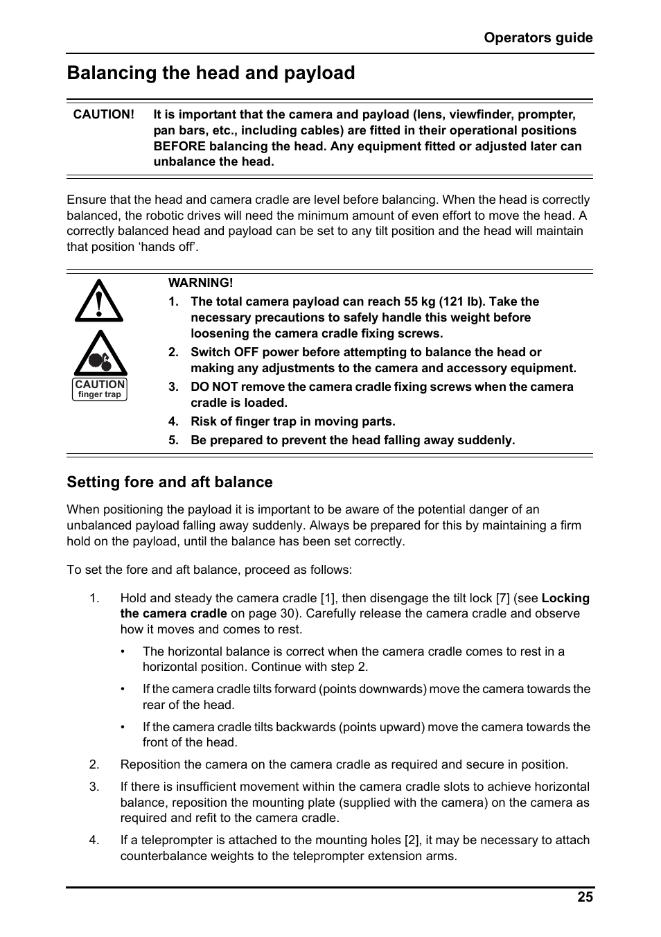 Balancing the head and payload, Setting fore and aft balance | Vinten Radamec Fusion FHR-100 User Manual | Page 27 / 44