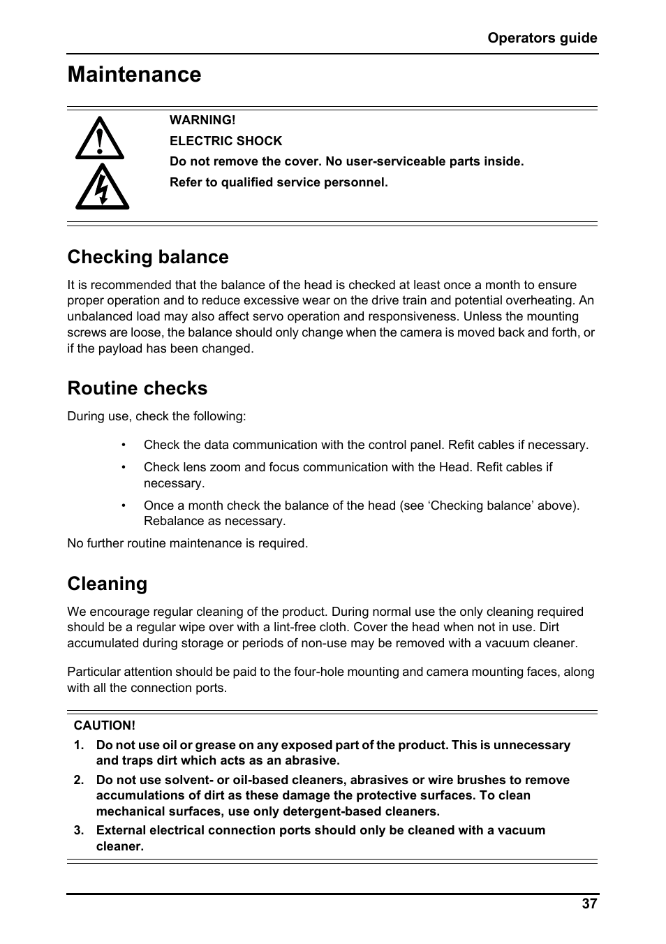 Maintenance, Checking balance, Routine checks | Cleaning | Vinten Radamec Fusion FHR-100 User Manual | Page 39 / 44