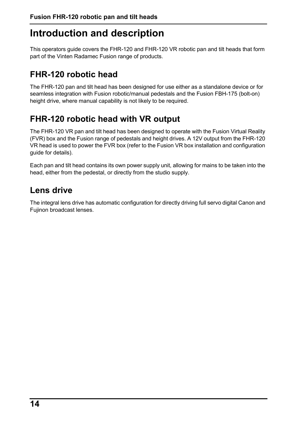 Introduction and description, Fhr-120 robotic head, Fhr-120 robotic head with vr output | Lens drive | Vinten Radamec Fusion FHR-120 User Manual | Page 16 / 40