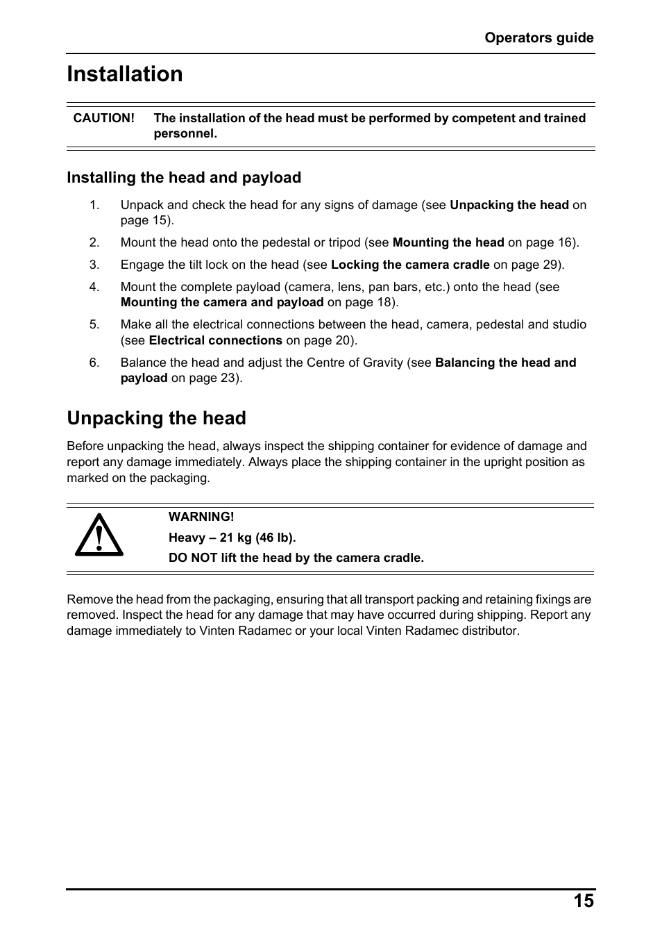 Installation, Unpacking the head | Vinten Radamec Fusion FHR-120 User Manual | Page 17 / 40