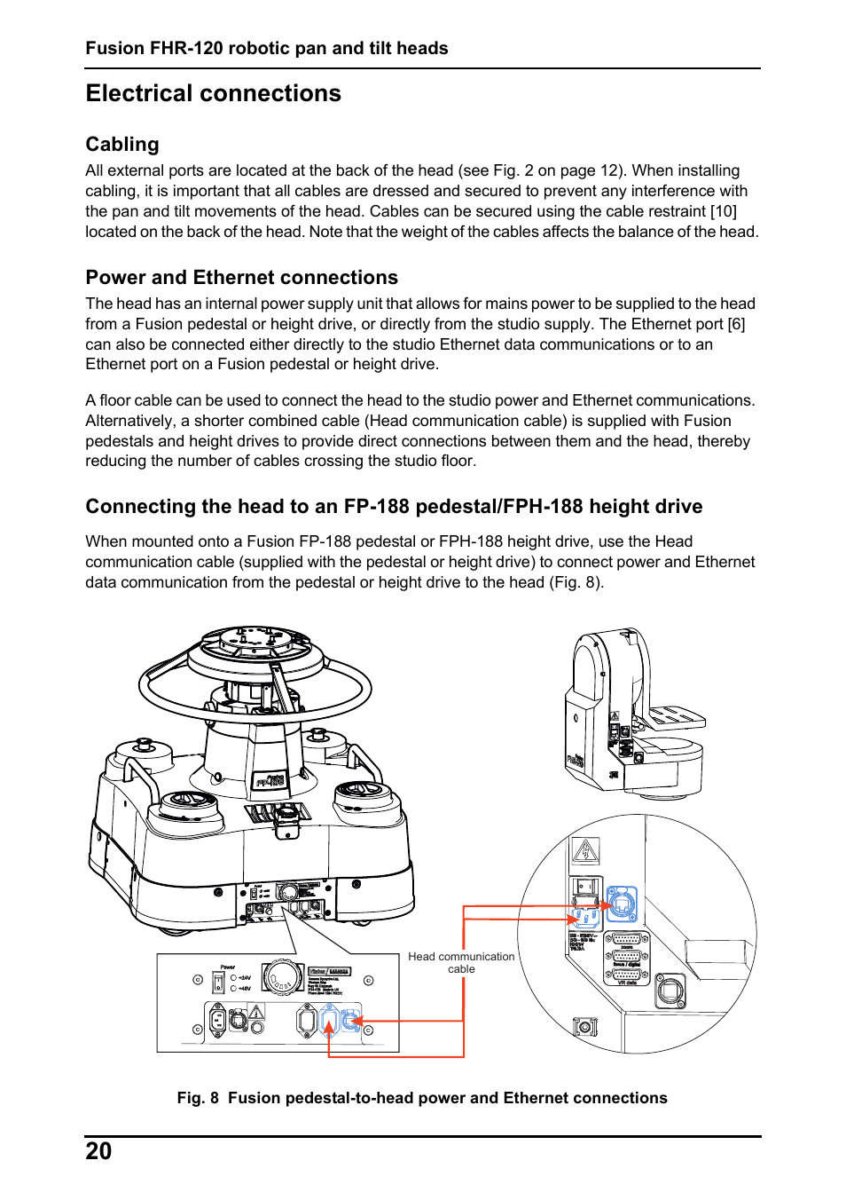 20 electrical connections, Cabling, Power and ethernet connections | Vinten Radamec Fusion FHR-120 User Manual | Page 22 / 40