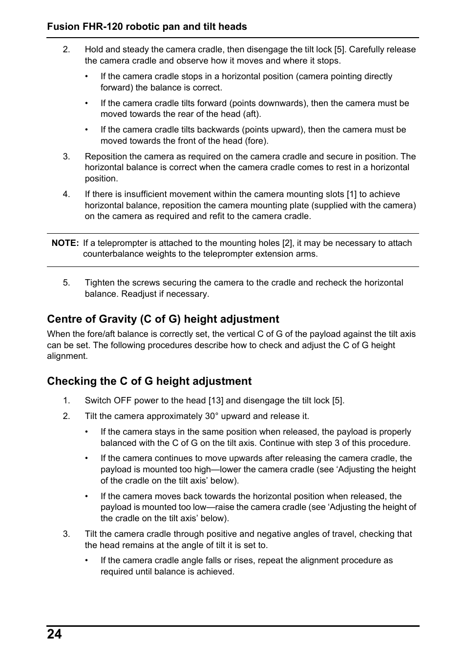 Centre of gravity (c of g) height adjustment, Checking the c of g height adjustment | Vinten Radamec Fusion FHR-120 User Manual | Page 26 / 40
