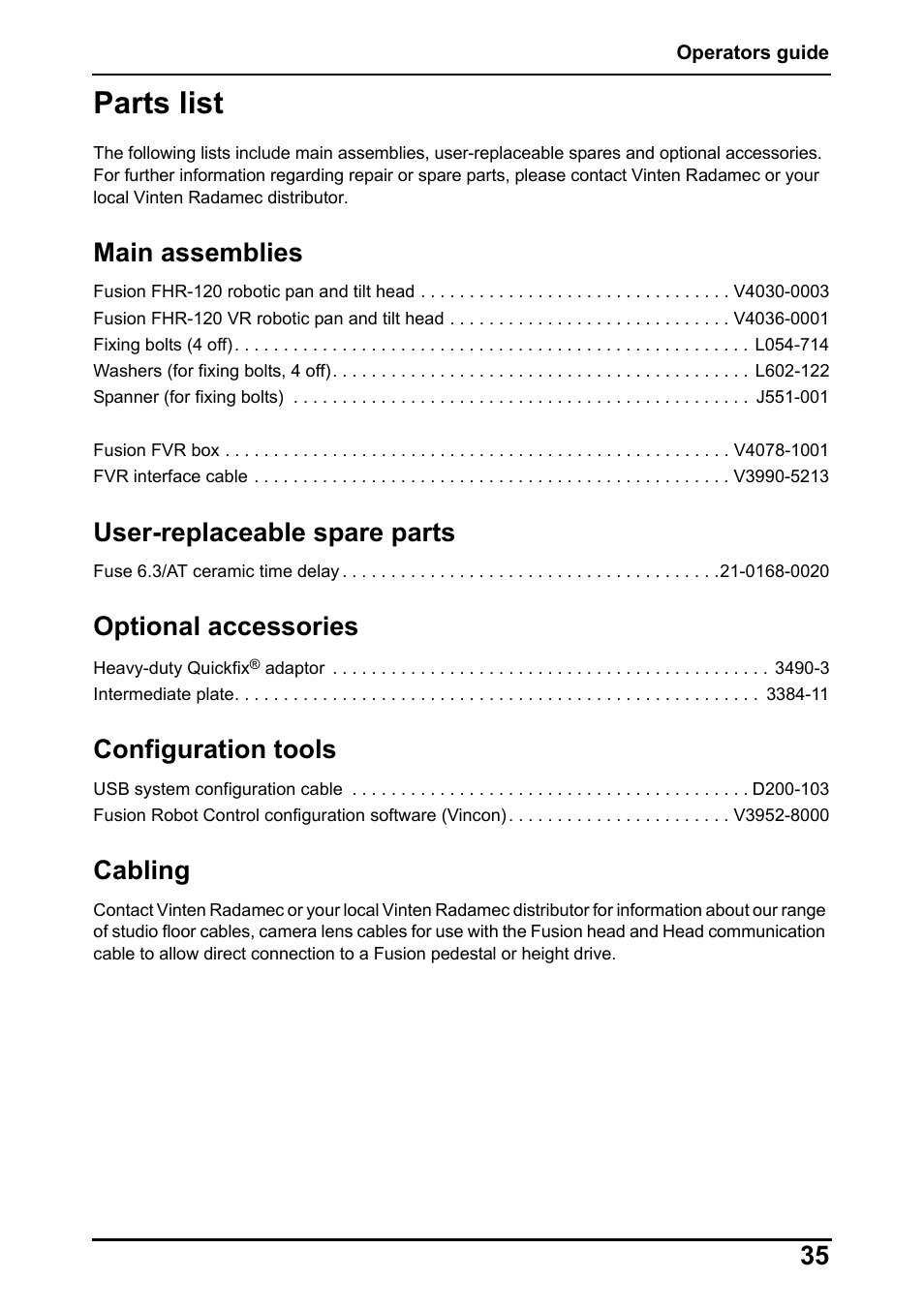 Parts list, Main assemblies, User-replaceable spare parts | Optional accessories, Configuration tools, Cabling | Vinten Radamec Fusion FHR-120 User Manual | Page 37 / 40