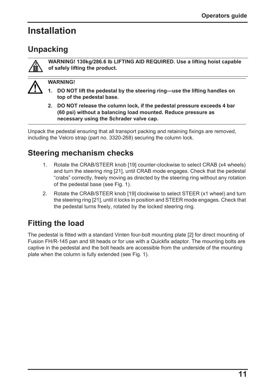 Installation, Unpacking, Steering mechanism checks | Fitting the load | Vinten Radamec Fusion FPR-210 User Manual | Page 13 / 36