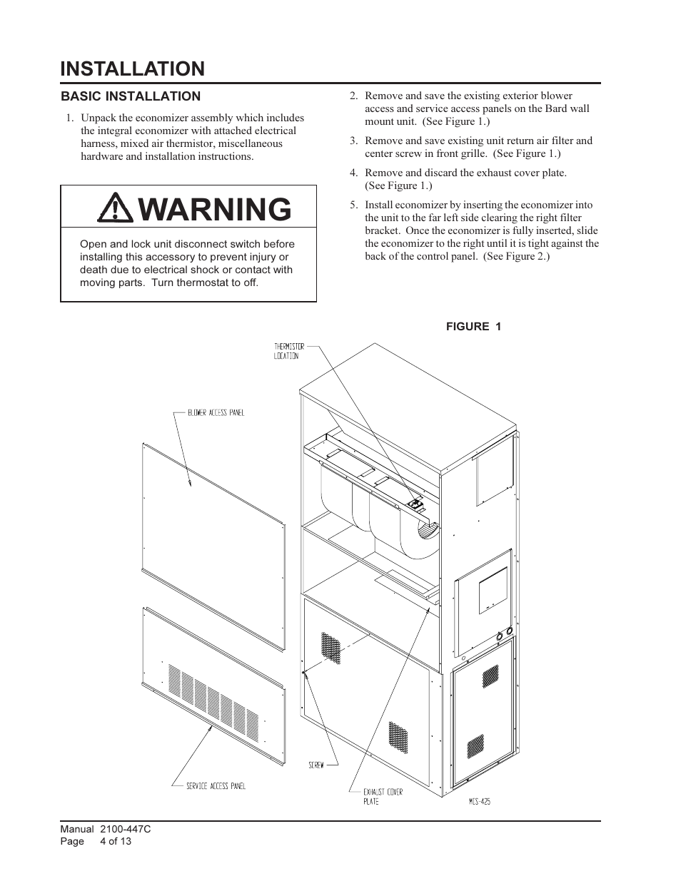 Warning, Installation | Bard ECONOMIZERS WITH EXHAUST EIFM-5C User Manual | Page 4 / 13