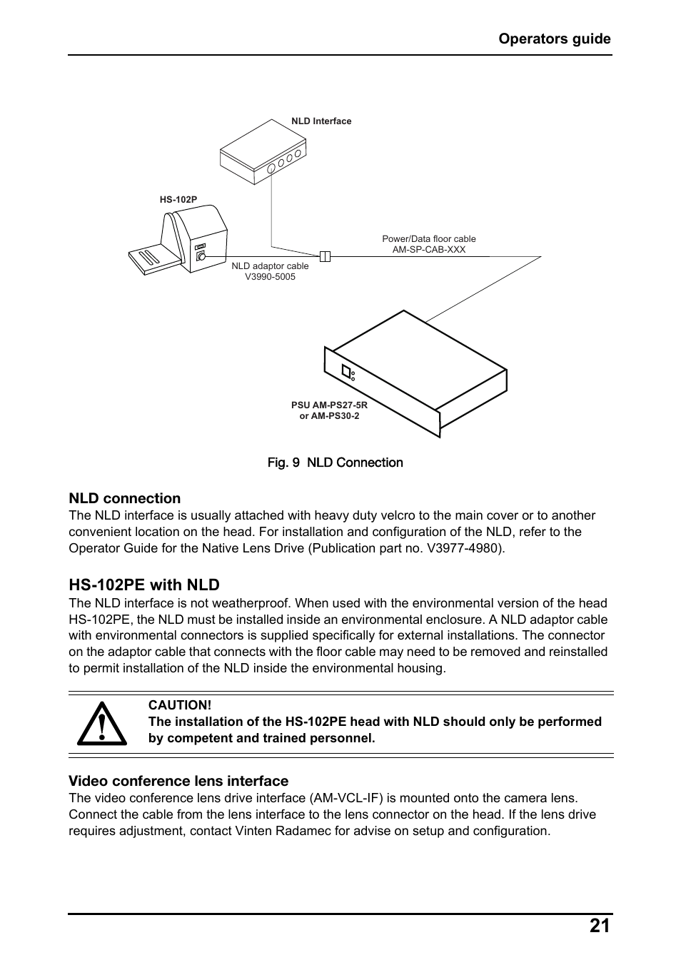 Hs-102pe with nld, Operators guide, Nld connection | Video conference lens interface | Vinten Radamec HS-102P Pan & Tilt Head User Manual | Page 22 / 30