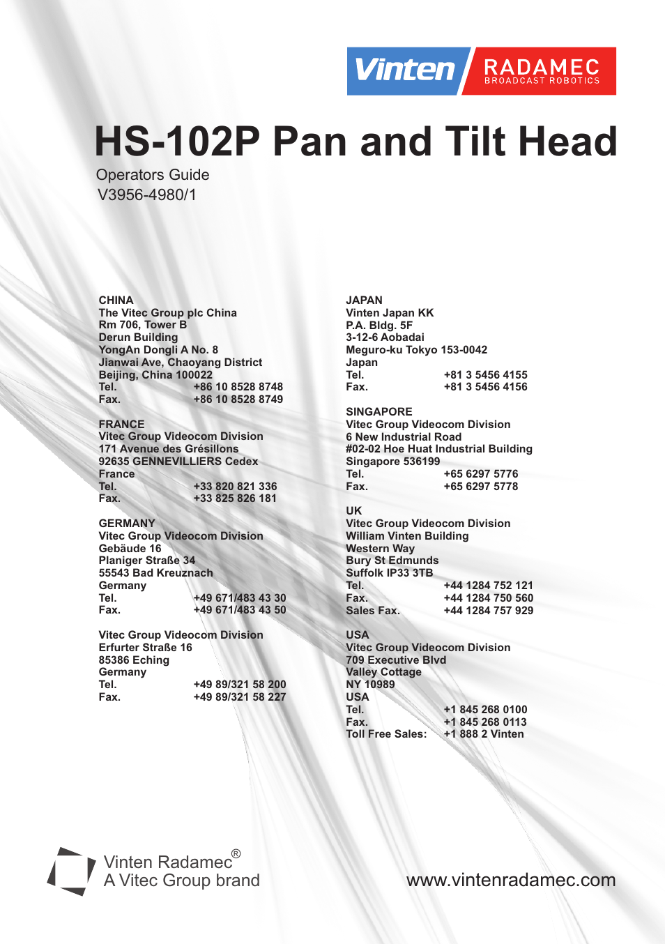Hs-102p pan and tilt head, Vinten radamec, A vitec group brand | Operators guide | Vinten Radamec HS-102P Pan & Tilt Head User Manual | Page 30 / 30