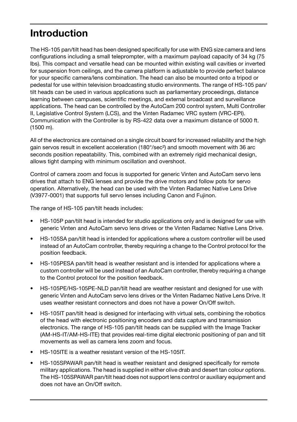 Introduction | Vinten Radamec HS-105P Pan & Tilt Head User Manual | Page 13 / 28