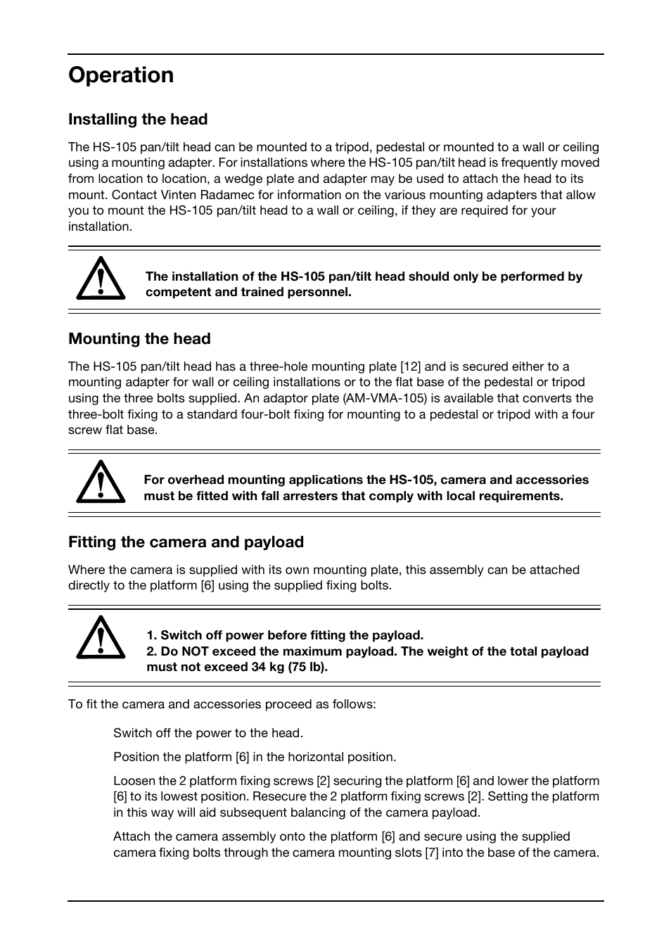 Operation | Vinten Radamec HS-105P Pan & Tilt Head User Manual | Page 23 / 28