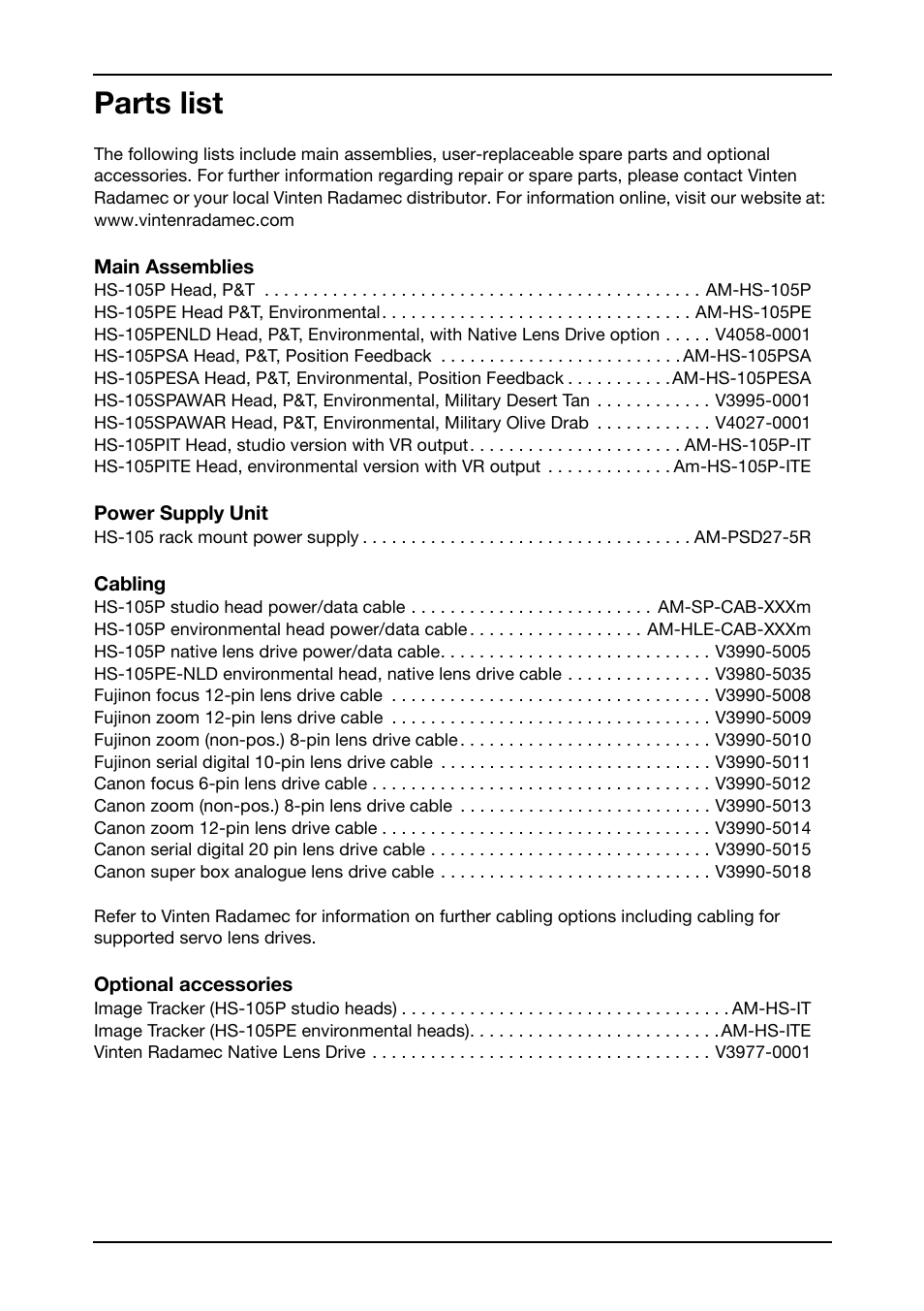 Parts list | Vinten Radamec HS-105P Pan & Tilt Head User Manual | Page 27 / 28