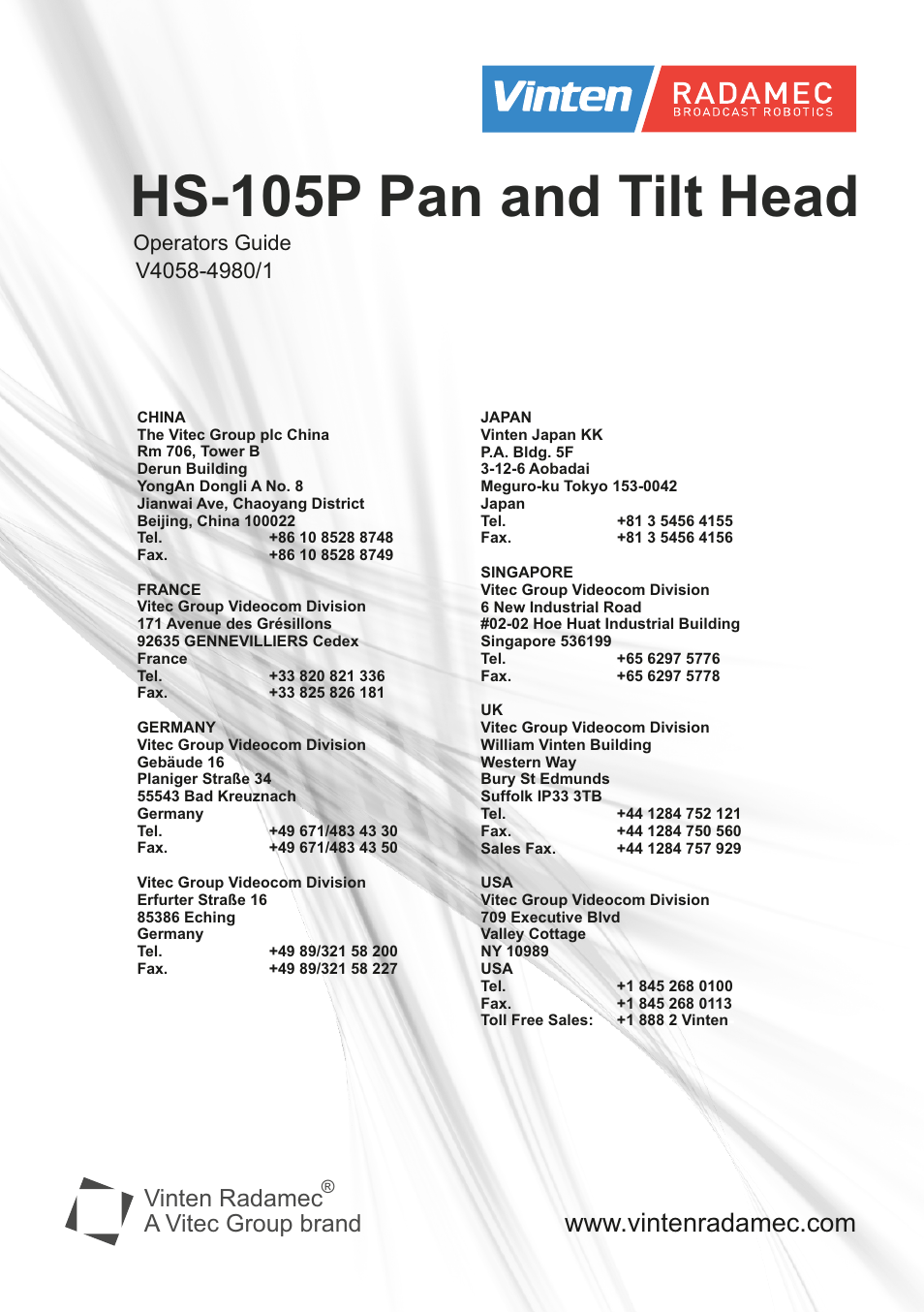 Hs-105p pan and tilt head, Vinten radamec, A vitec group brand | Operators guide | Vinten Radamec HS-105P Pan & Tilt Head User Manual | Page 28 / 28