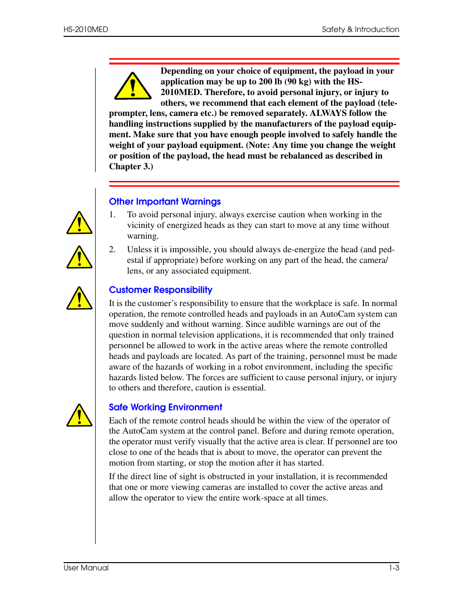 Other important warnings, Customer responsibility, Safe working environment | Vinten Radamec HS-2010MED Pan & Tilt Head User Manual | Page 13 / 70