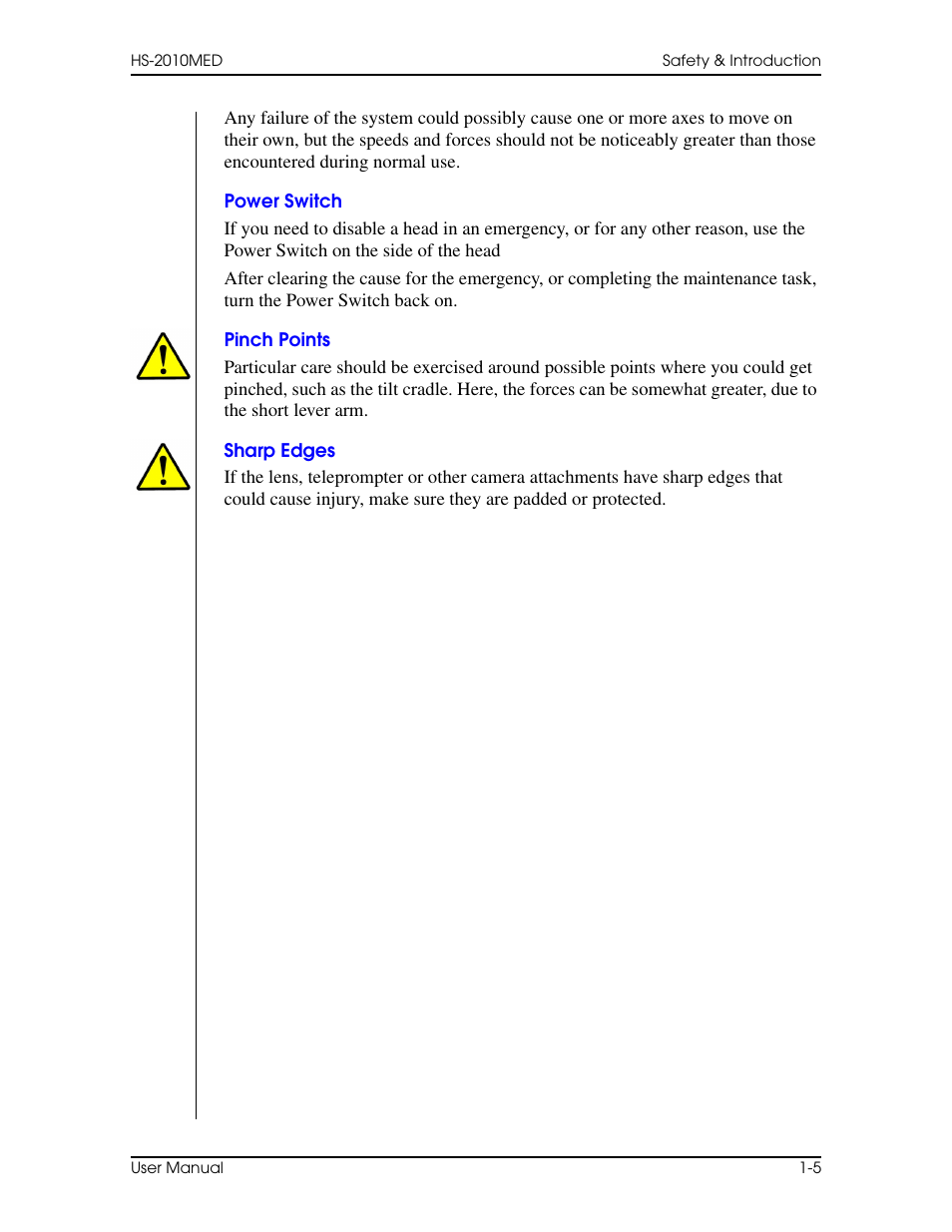 Power switch, Pinch points, Sharp edges | Power switch –5 pinch points –5 sharp edges –5 | Vinten Radamec HS-2010MED Pan & Tilt Head User Manual | Page 15 / 70
