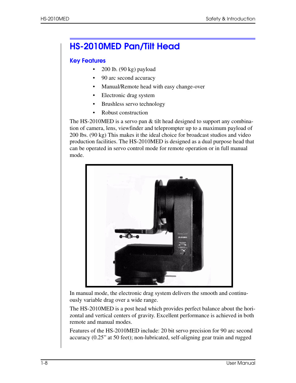 Hs-2010med pan/tilt head, Key features, Hs-2010med pan/tilt head –8 | Key features –8 | Vinten Radamec HS-2010MED Pan & Tilt Head User Manual | Page 18 / 70