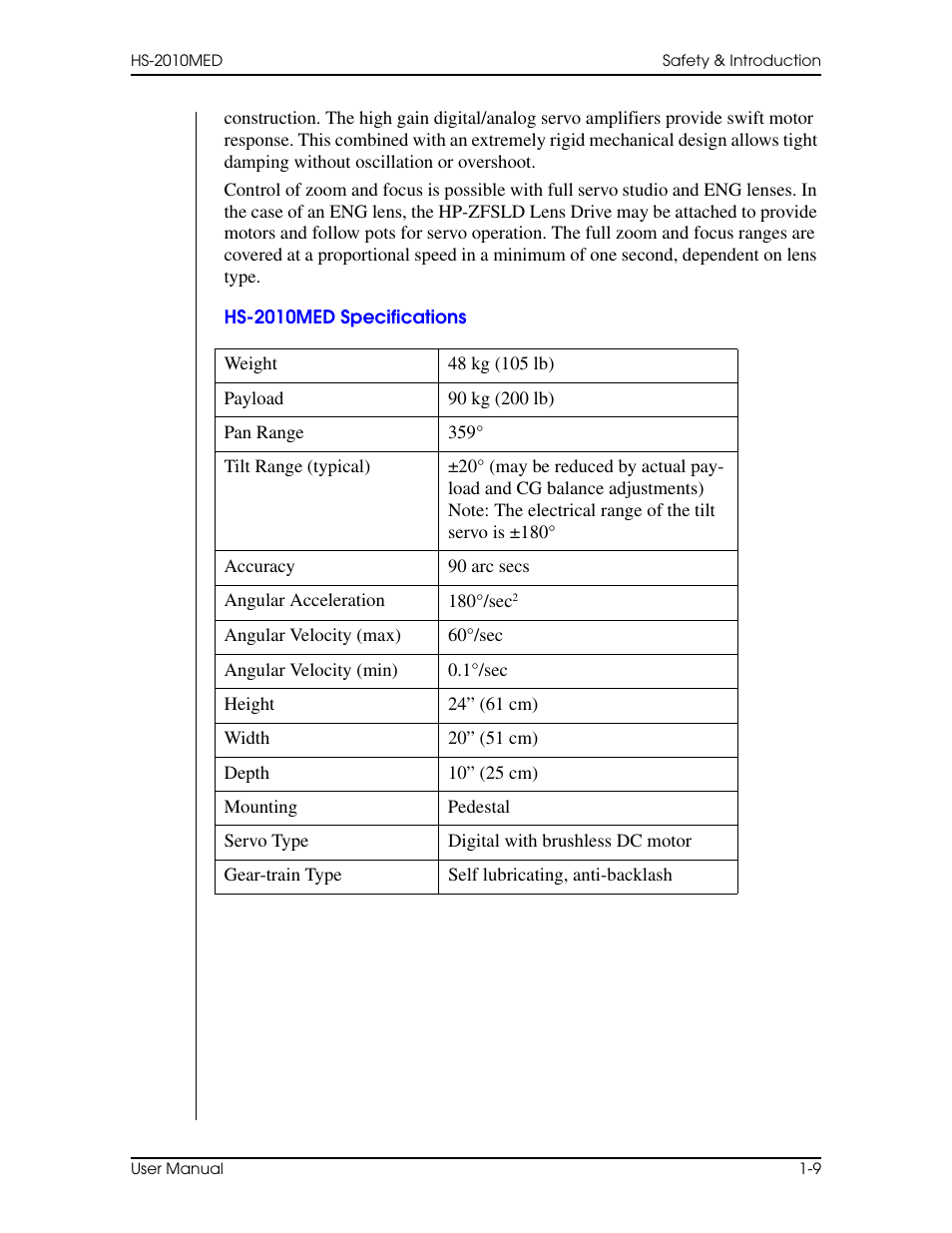 Hs-2010med specifications, Hs-2010med specifications –9 | Vinten Radamec HS-2010MED Pan & Tilt Head User Manual | Page 19 / 70